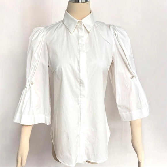 Lela Rose Button-Down Poplin Blouse Top with Pearl Brooch On Puff Sleeve Size 4 - Picture 15 of 16